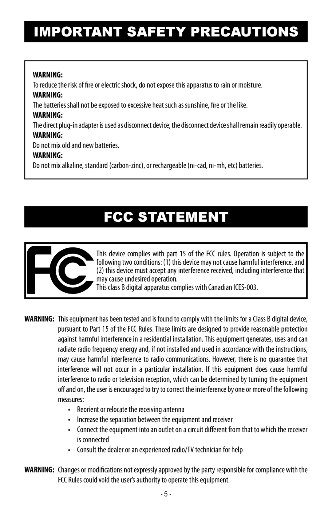 Magnasonic MIGAME1000 instruction manual FCC Statement 