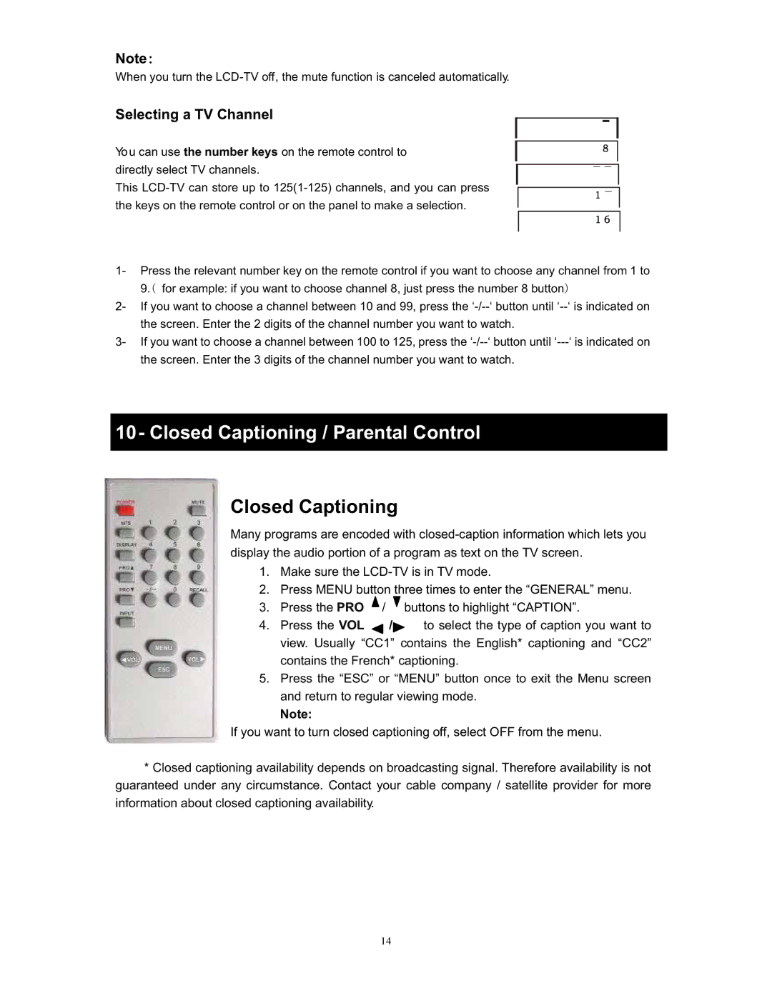 Magnasonic MLD1525 instruction manual Closed Captioning / Parental Control, Selecting a TV Channel 