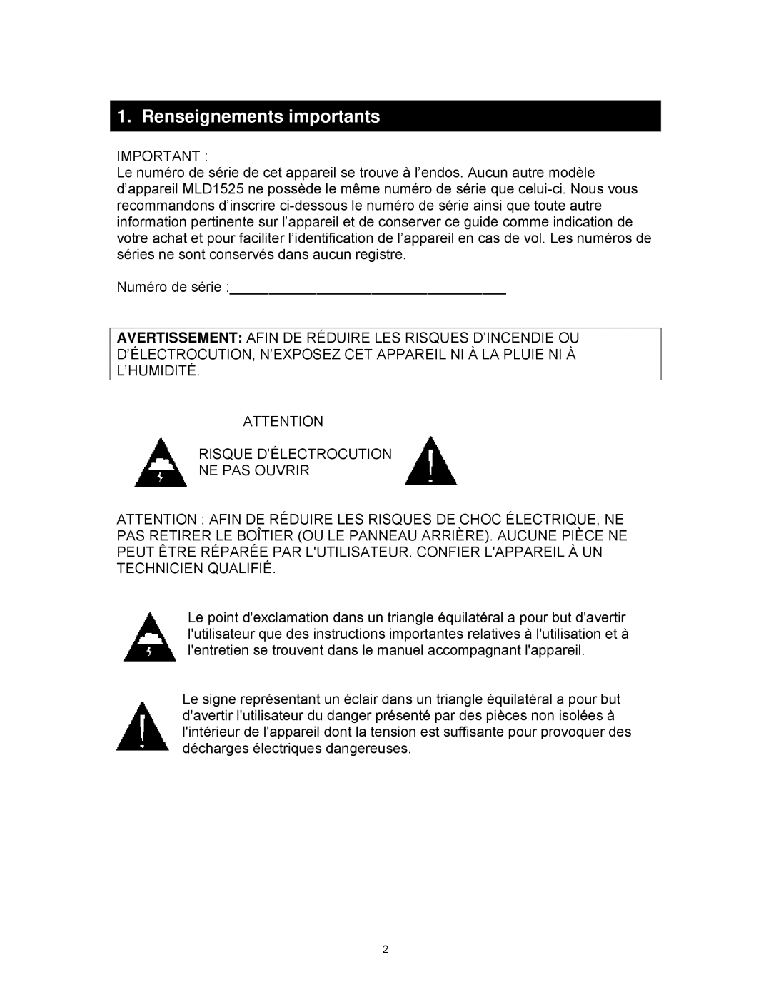 Magnasonic MLD1525 instruction manual Renseignements importants 