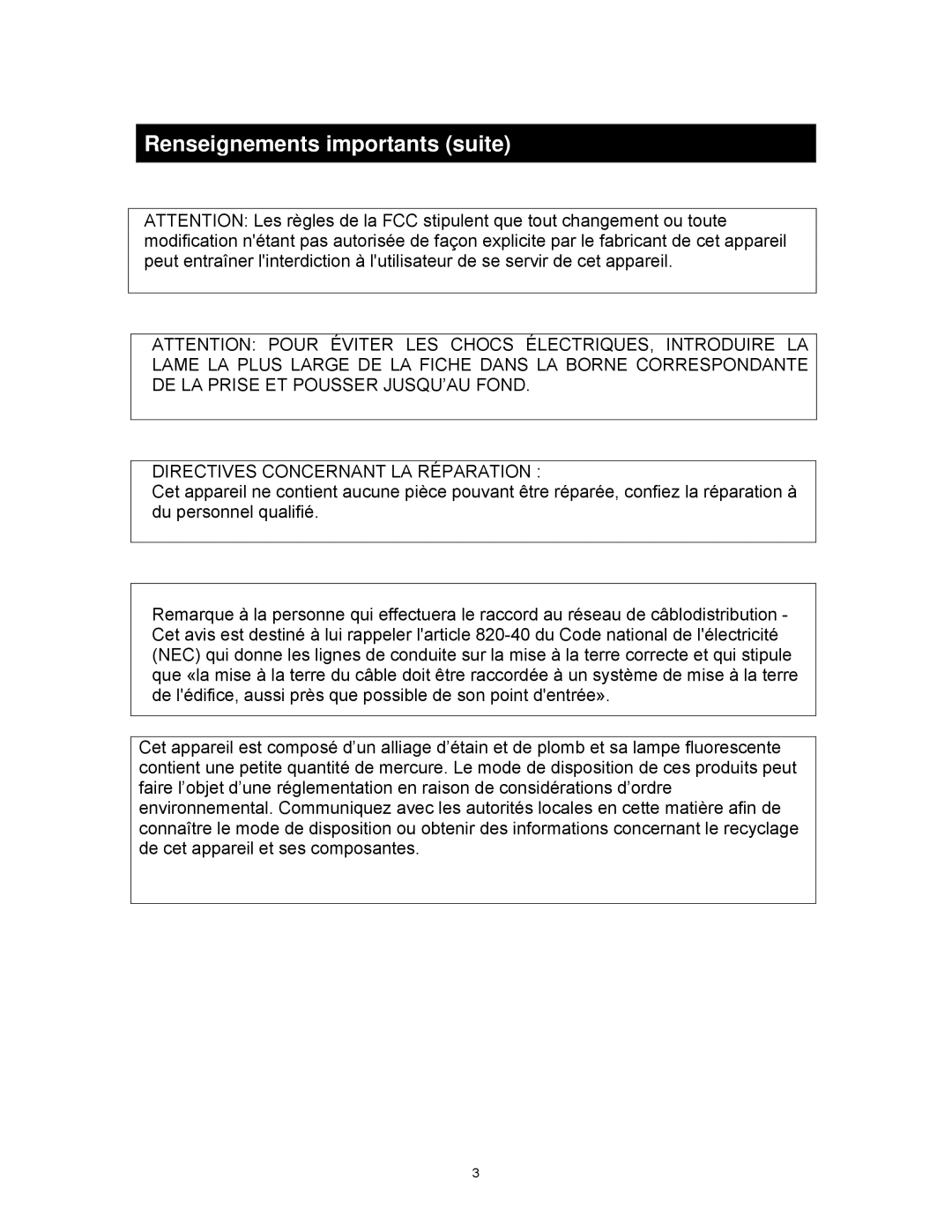 Magnasonic MLD1525 instruction manual Renseignements importants suite, Directives Concernant LA Réparation 