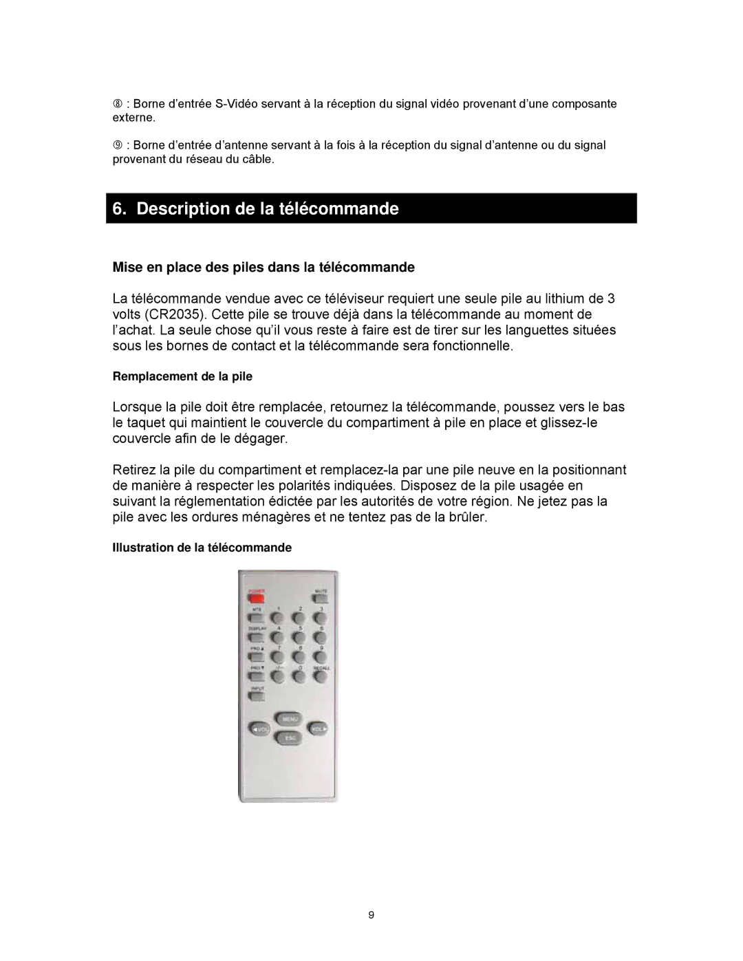 Magnasonic MLD1525 instruction manual Description de la télécommande, Mise en place des piles dans la télécommande 