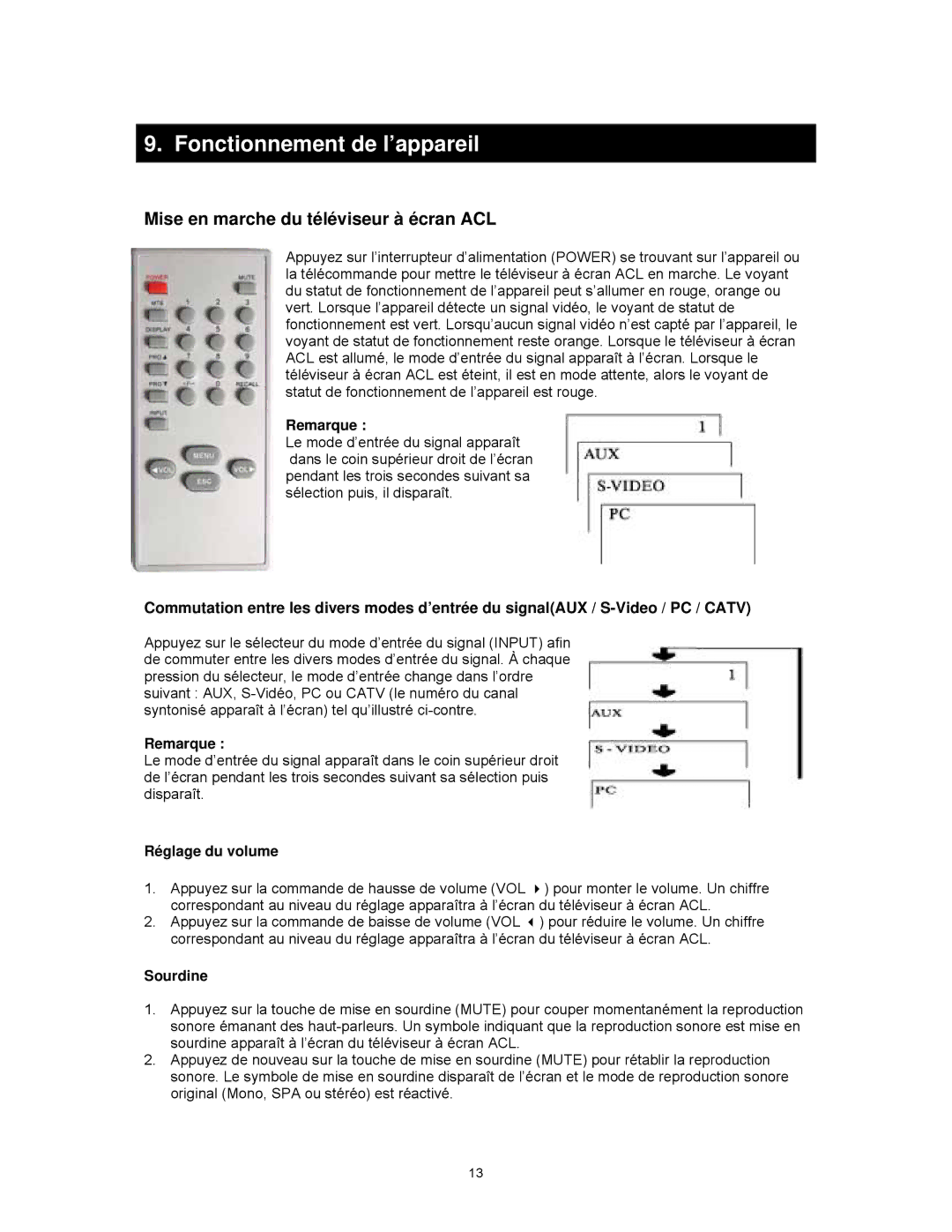 Magnasonic MLD1525 instruction manual Fonctionnement de l’appareil, Mise en marche du téléviseur à écran ACL 