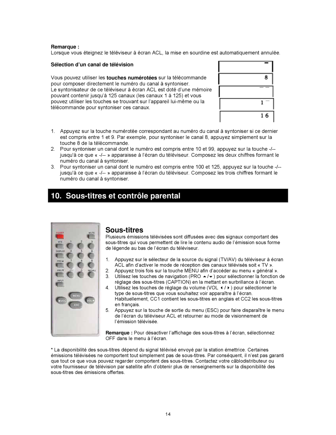 Magnasonic MLD1525 instruction manual Sous-titres et contrôle parental, Sélection d’un canal de télévision 