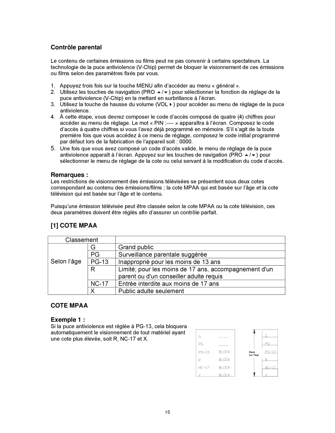 Magnasonic MLD1525 instruction manual Contrôle parental, Remarques, Exemple 