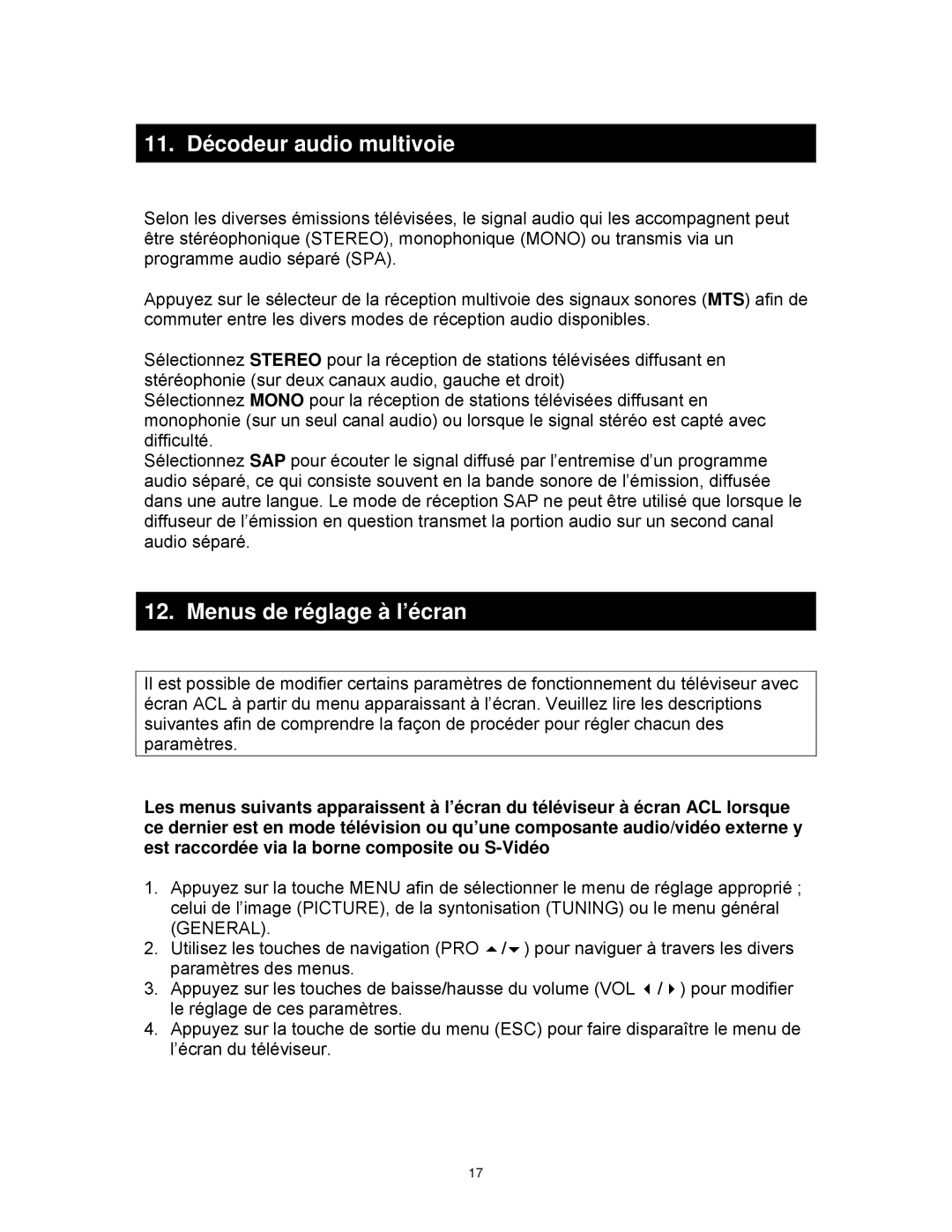 Magnasonic MLD1525 instruction manual 11. Décodeur audio multivoie, Menus de réglage à l’écran 