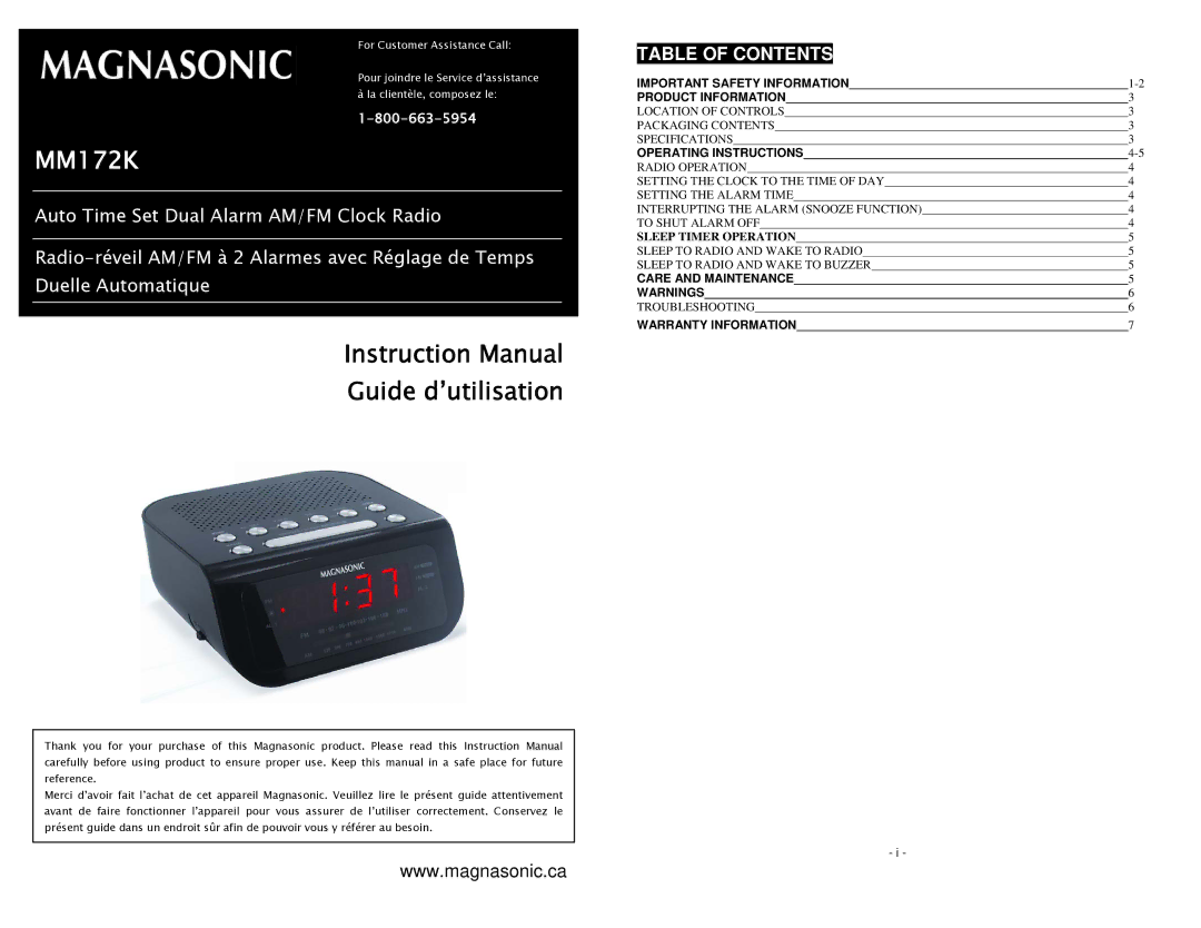 Magnasonic MM172K instruction manual Table of Contents 