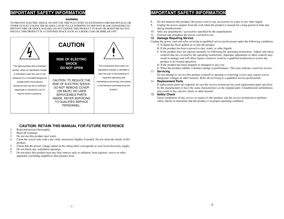 Magnasonic MM172K Important Safety Information, Damage Requiring Service, Servicing, Replacement Parts, Safety Check 