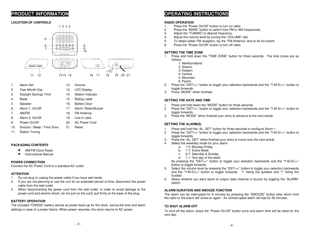 Magnasonic MM172K instruction manual Product Information, Operating Instructions 