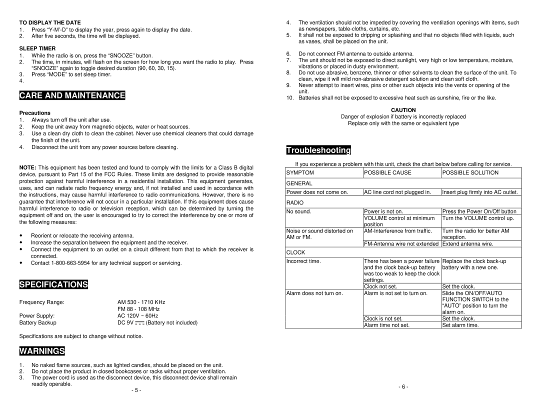 Magnasonic MM172K instruction manual Care and Maintenance, Specifications, To Display the Date, Sleep Timer, Precautions 