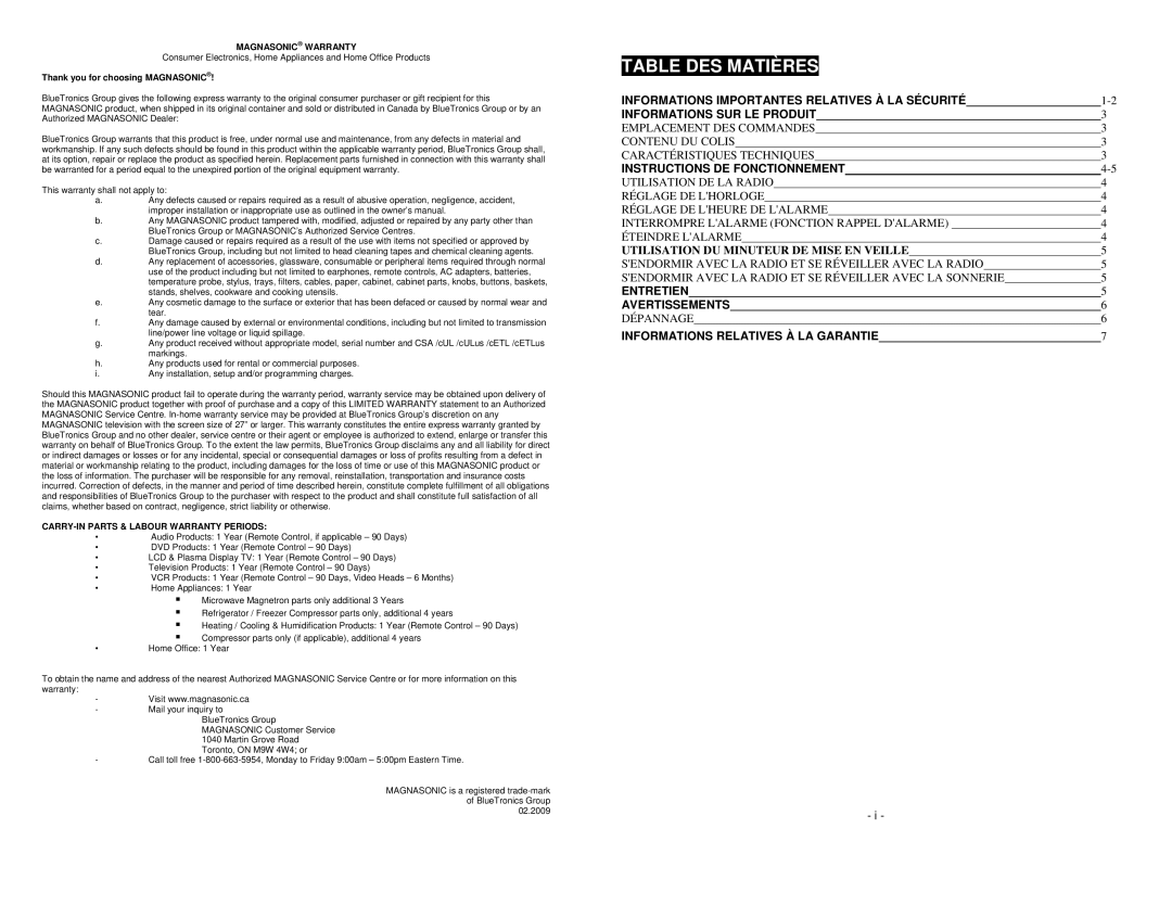 Magnasonic MM172K instruction manual Table DES Matières, Instructions DE Fonctionnement, Entretien Avertissements 
