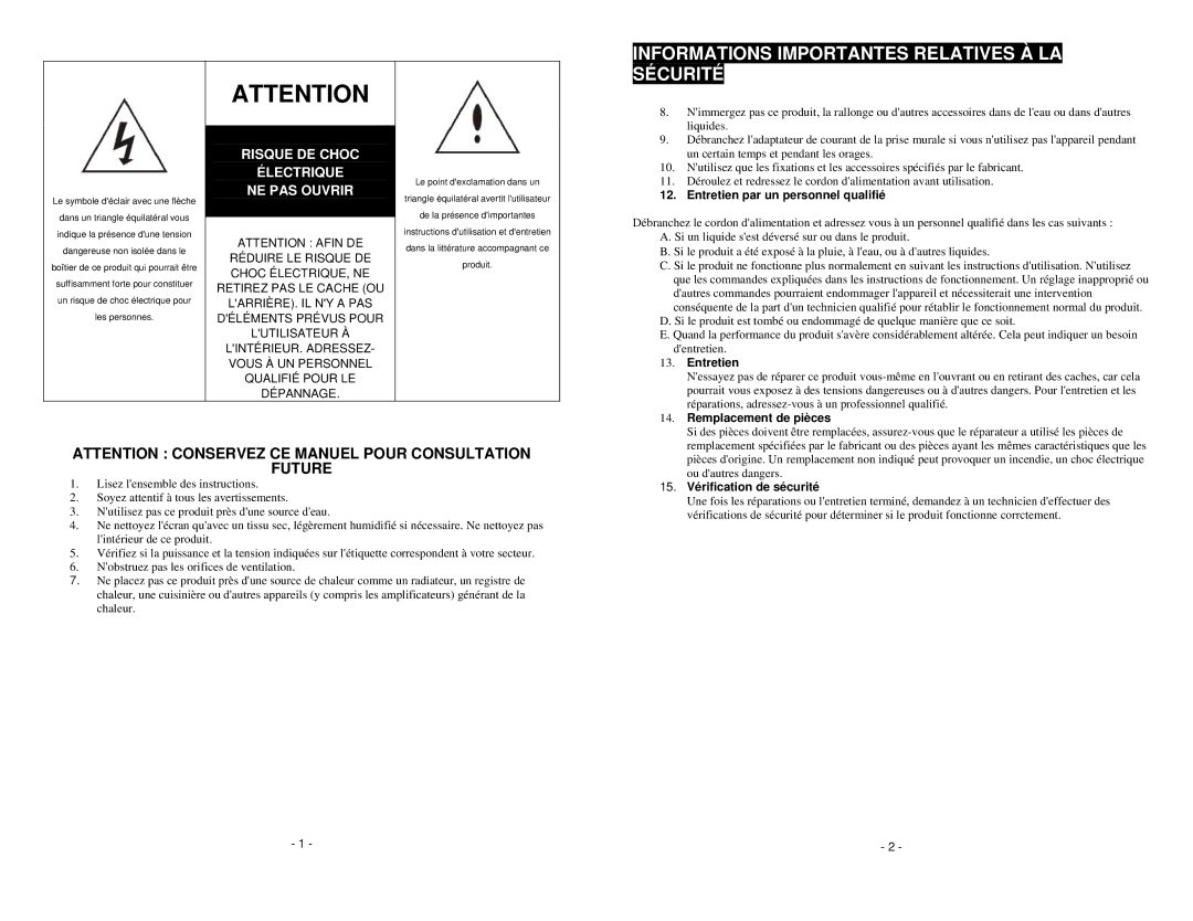 Magnasonic MM172K instruction manual Informations Importantes Relatives À LA Sécurité, Entretien par un personnel qualifié 