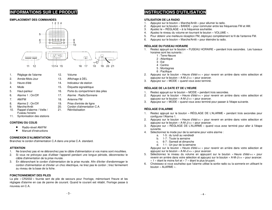 Magnasonic MM172K instruction manual Informations SUR LE Produit, Instructions Dutilisation 