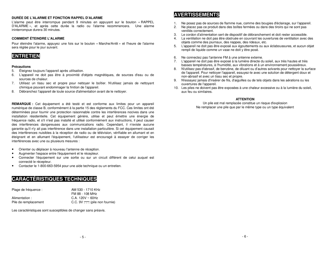 Magnasonic MM172K Entretien, Caractéristiques Techniques, Avertissements, Durée DE Lalarme ET Fonction Rappel Dalarme 