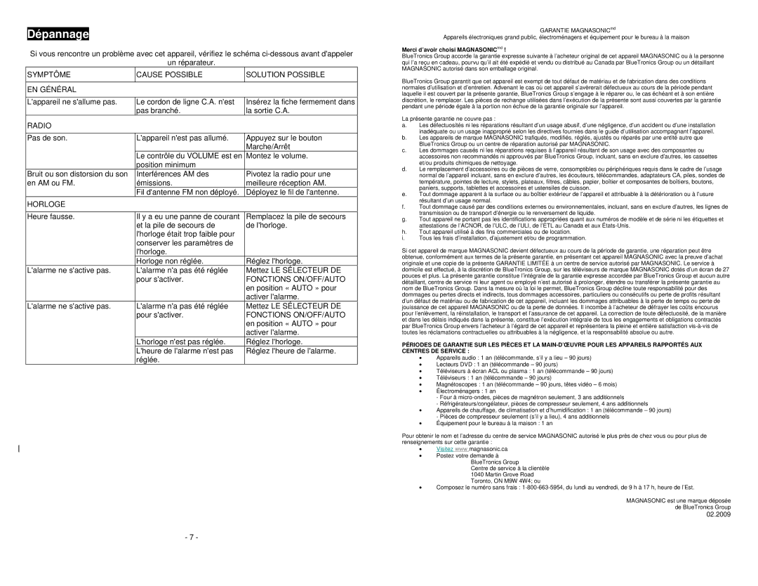 Magnasonic MM172K instruction manual Symptôme Cause Possible Solution Possible EN Général, Horloge, Fonctions ON/OFF/AUTO 