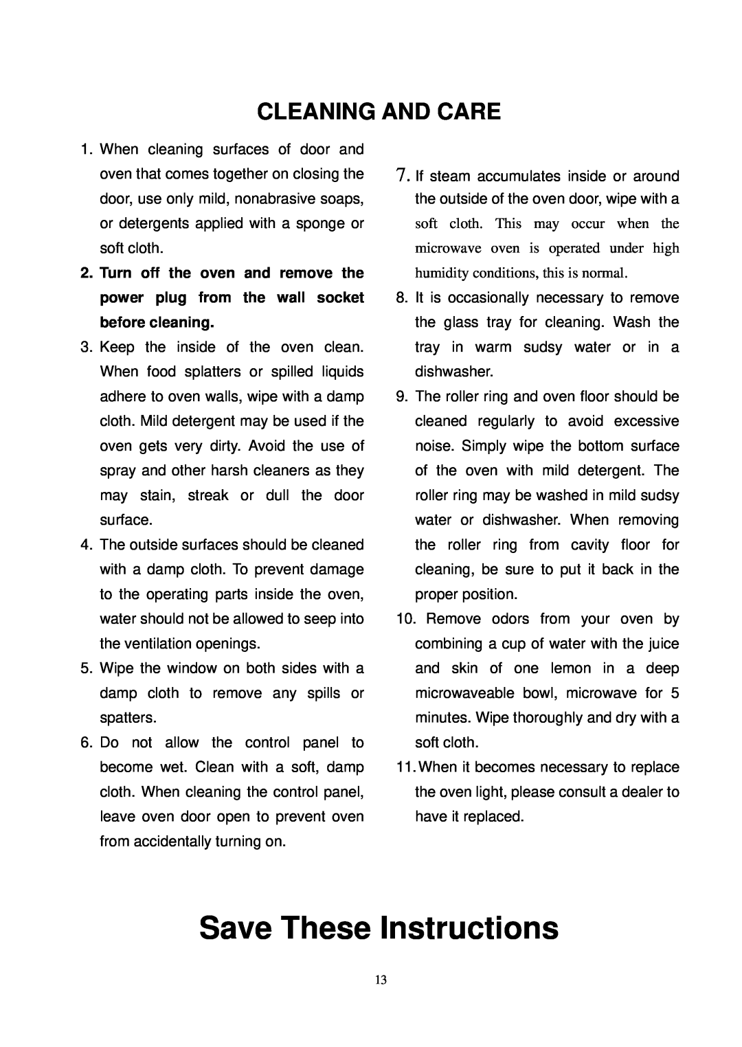 Magnasonic MMW5736-1, MMW5736-4 instruction manual Cleaning And Care, Save These Instructions 