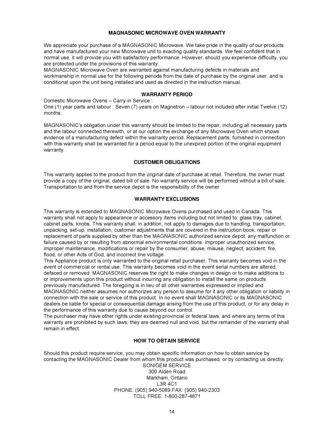 Magnasonic MMW6103-3 Magnasonic Microwave Oven Warranty, Warranty Period, Customer Obligations, Warranty Exclusions 