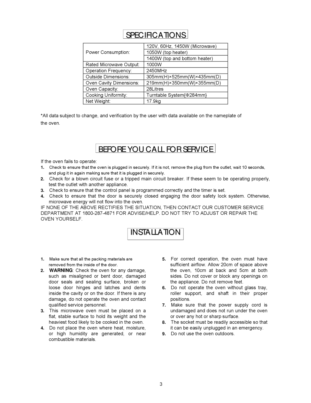 Magnasonic MMW6103-3 Specifications, Before YOU Call for Service, Installation, If the oven fails to operate 