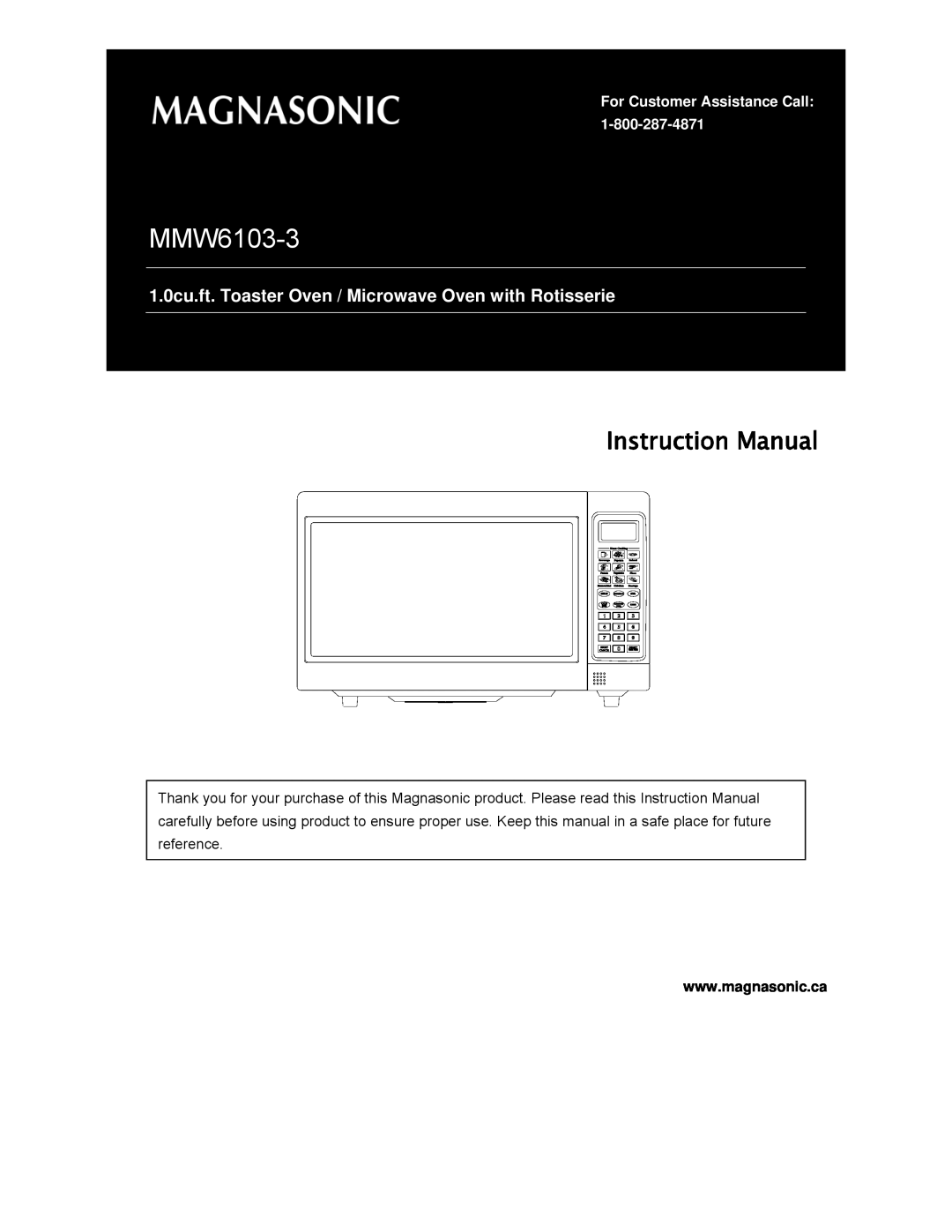 Magnasonic MMW6103-3 instruction manual 1.0cu.ft. Toaster Oven / Microwave Oven with Rotisserie 