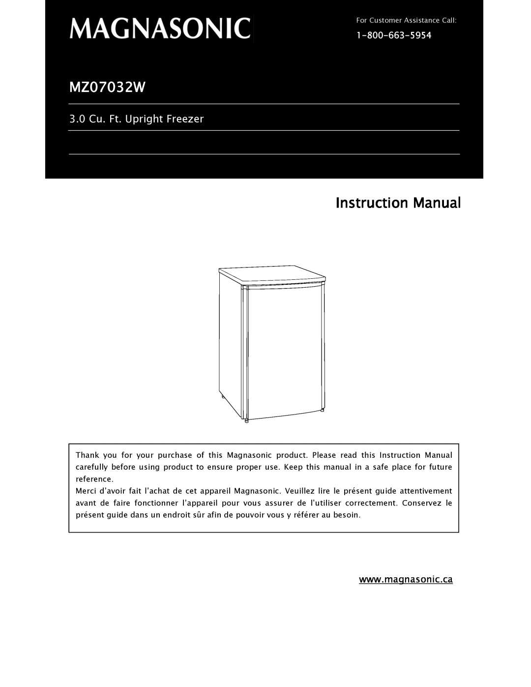 Magnasonic MZ07032W instruction manual 3.0 Cu. Ft. Upright Freezer 