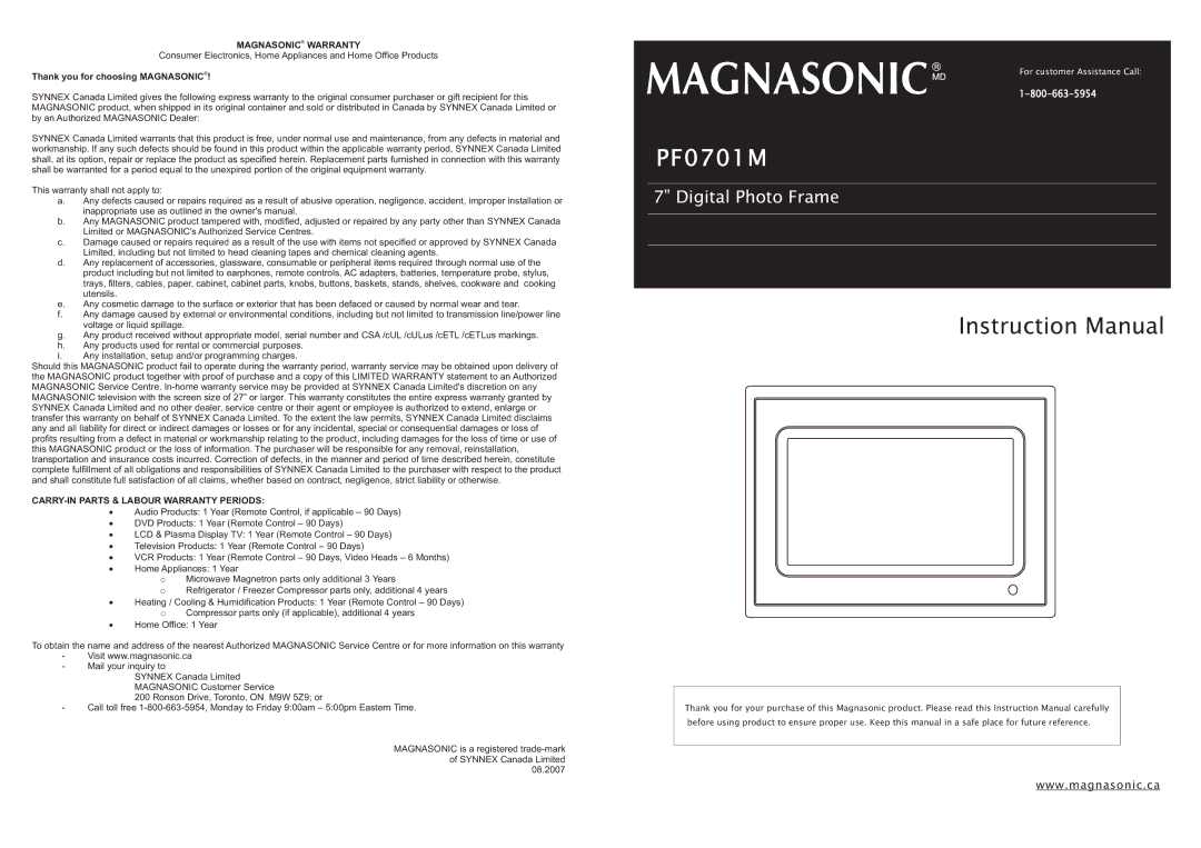 Magnasonic PF0701M instruction manual 