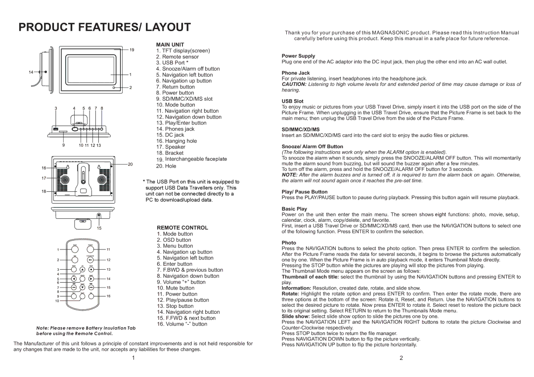 Magnasonic PF0701M Power Supply, Phone Jack, USB Slot, Snooze/ Alarm Off Button, Play/ Pause Button, Basic Play, Photo 