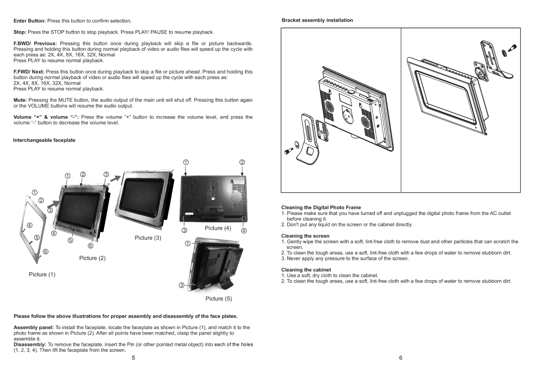 Magnasonic PF0701M instruction manual Interchangeable faceplate, Cleaning the screen, Cleaning the cabinet 