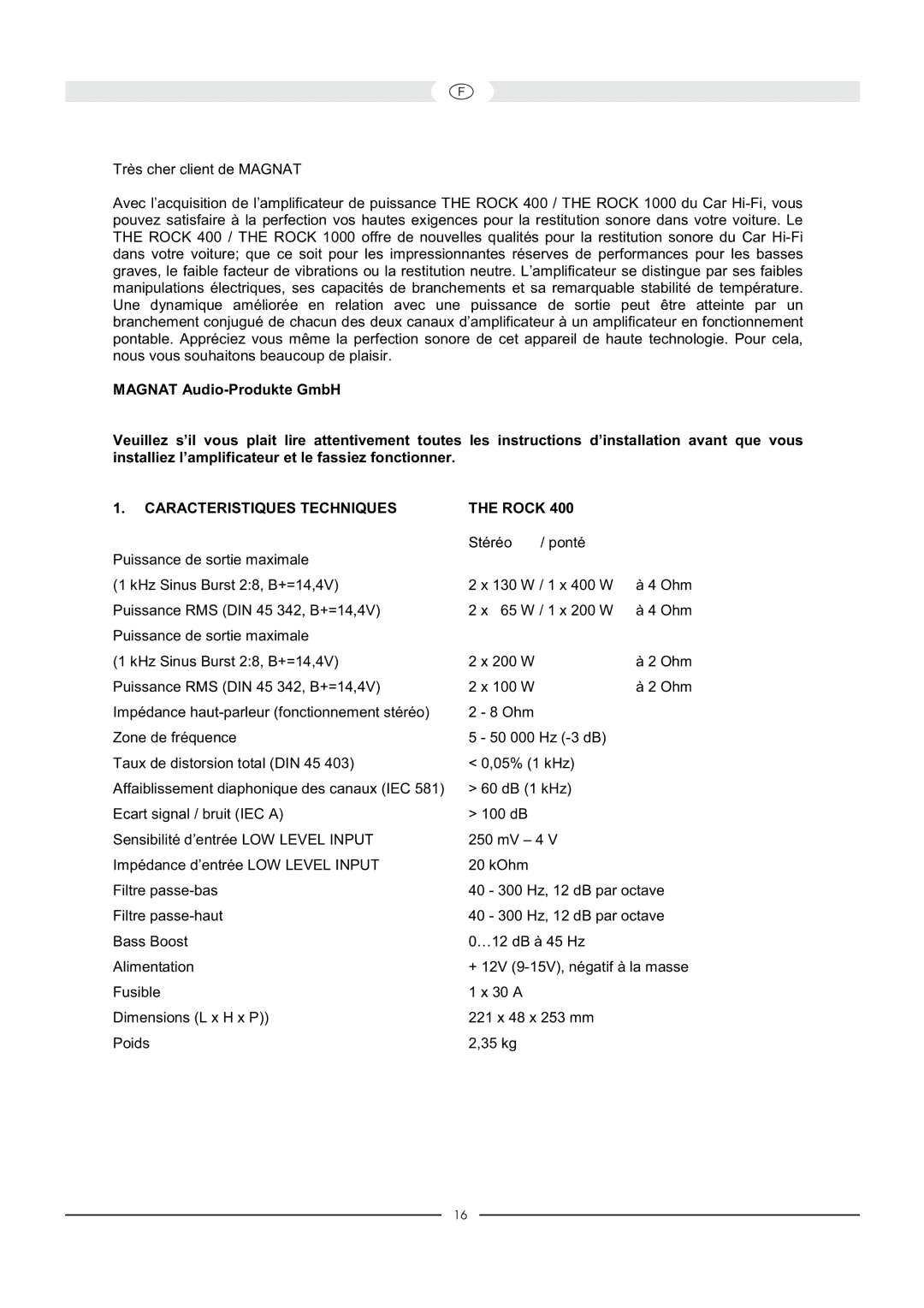 Magnat Audio 400 / 1000 owner manual Caracteristiques Techniques Rock 