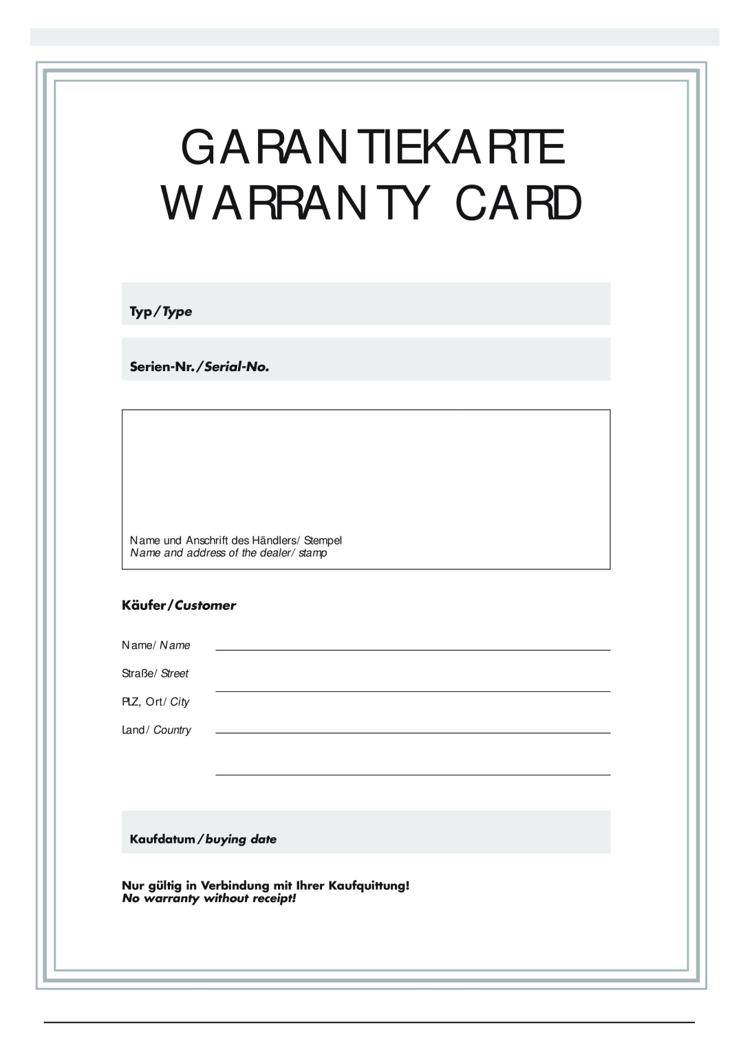 Magnat Audio 400 / 1000 Garantiekarte Warranty Card, Typ/ Type Serien-Nr./Serial-No, Käufer/Customer, Land/Country 