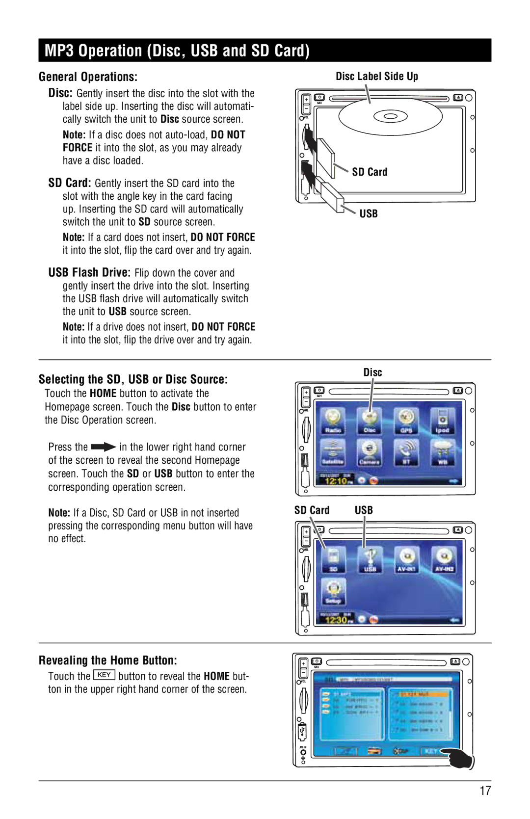 Magnat Audio M3-LCD/M4-LCD MP3 Operation Disc, USB and SD Card, Selecting the SD, USB or Disc Source, Disc Label Side Up 