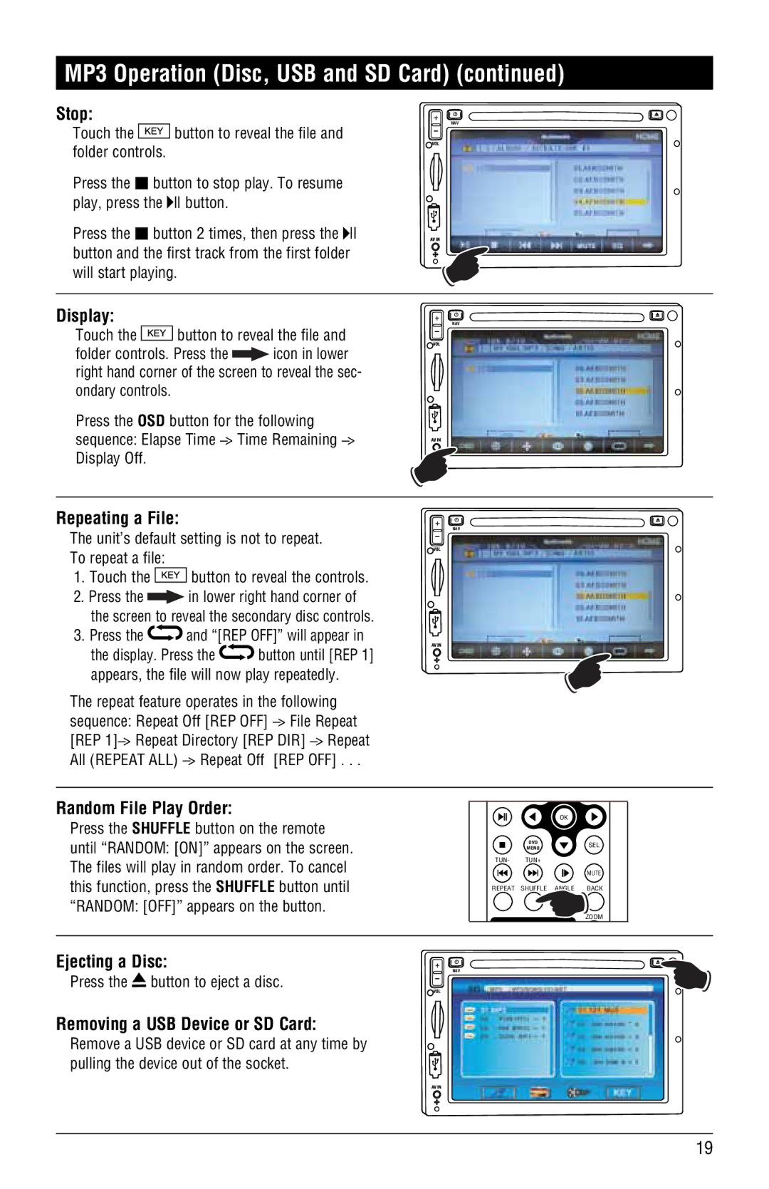 Magnat Audio M3-LCD/M4-LCD installation manual Stop, Display, Repeating a File, Random File Play Order, Ejecting a Disc 