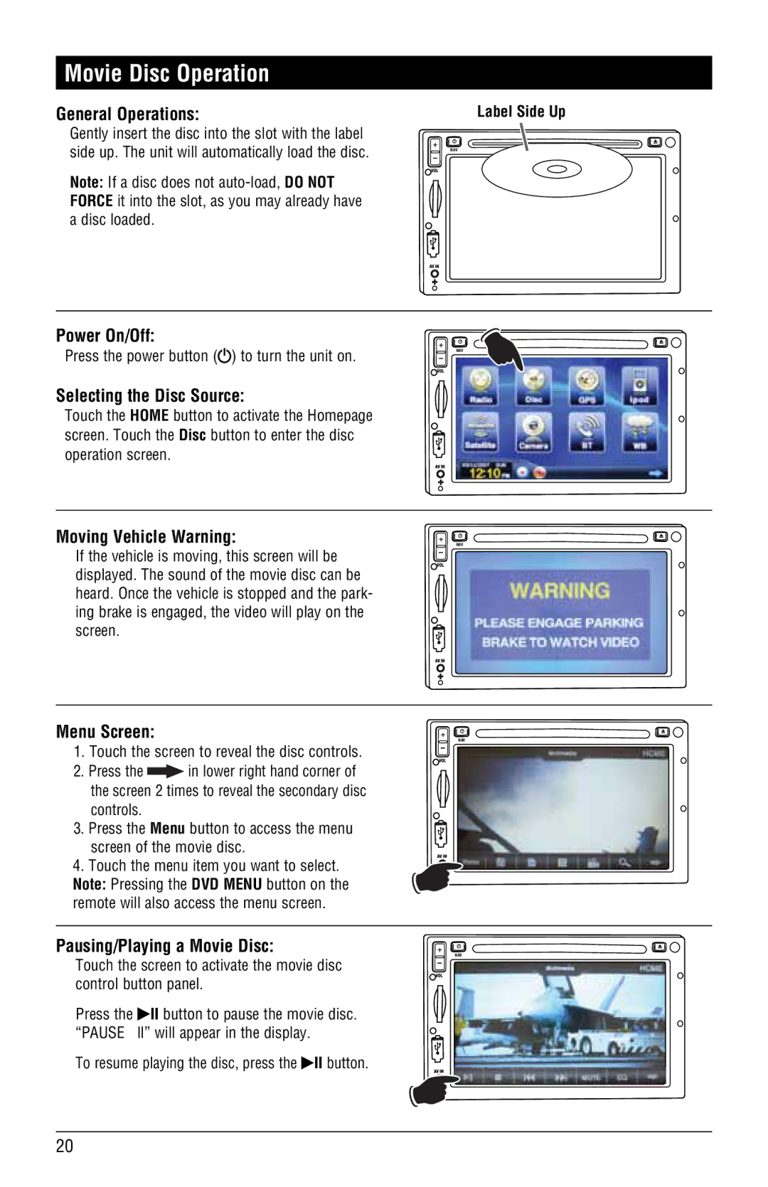 Magnat Audio M3-LCD/M4-LCD Movie Disc Operation, Moving Vehicle Warning, Menu Screen, Pausing/Playing a Movie Disc 