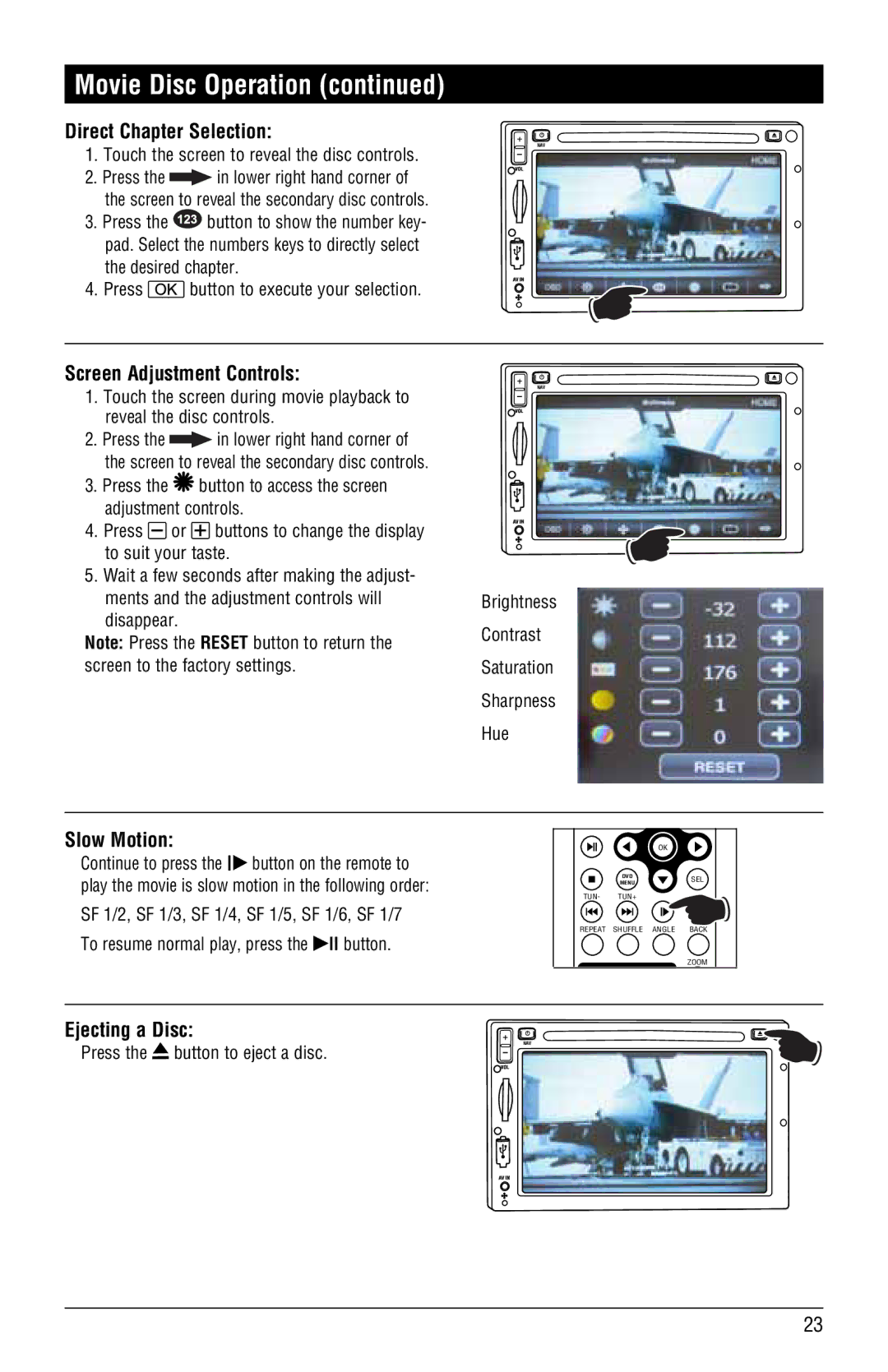 Magnat Audio M3-LCD/M4-LCD installation manual Direct Chapter Selection, Screen Adjustment Controls, Slow Motion 