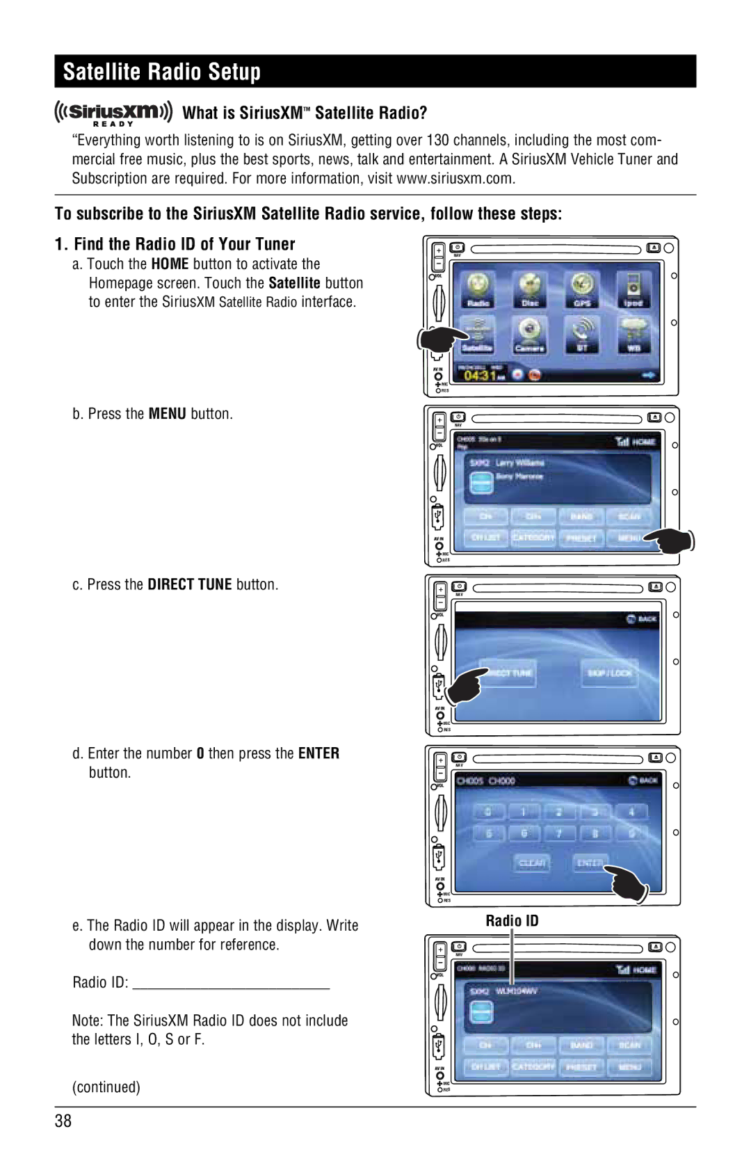 Magnat Audio M3-LCD/M4-LCD Satellite Radio Setup, Press the Menu button, Press the Direct Tune button, Radio ID 