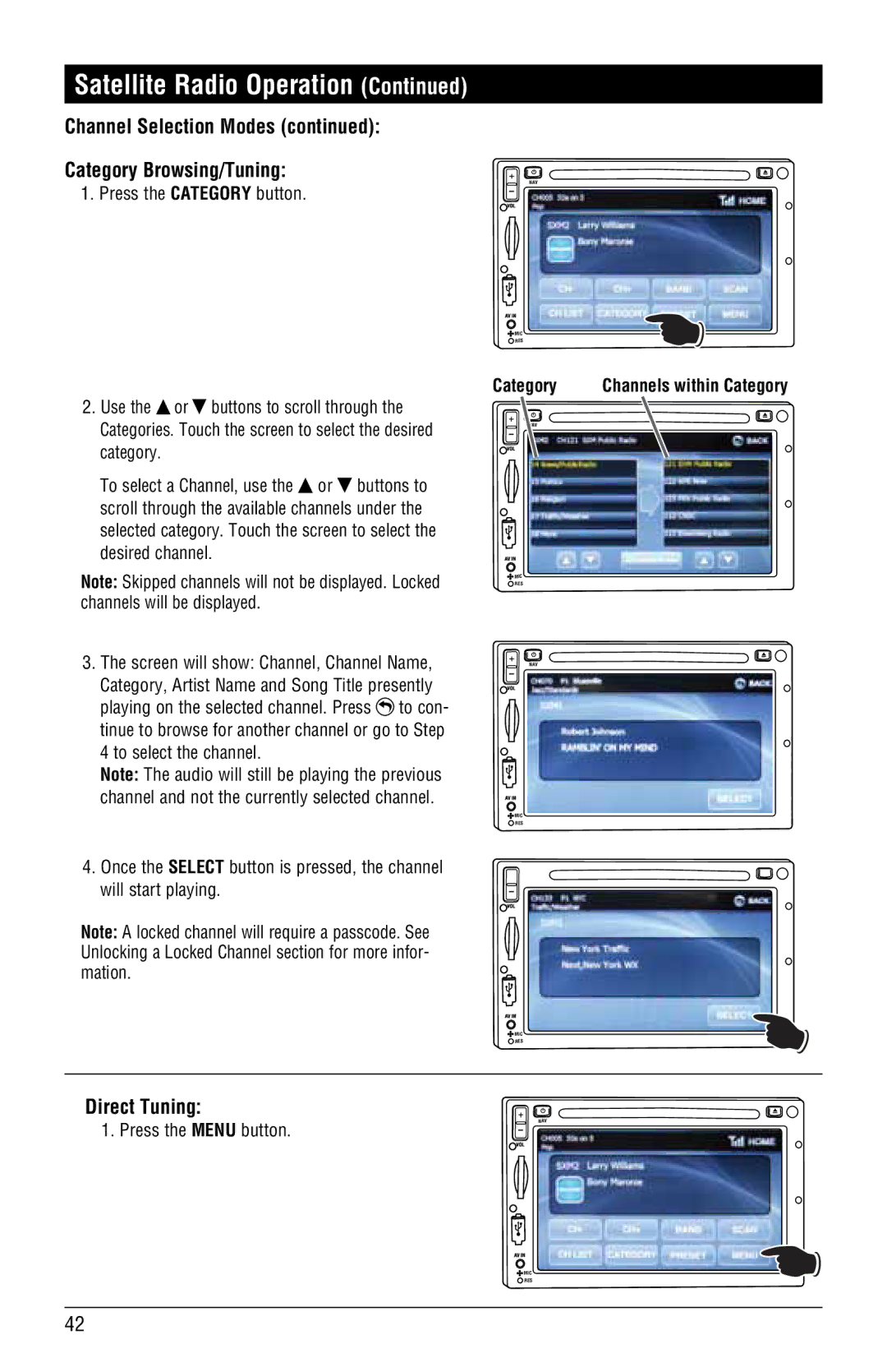 Magnat Audio M3-LCD/M4-LCD Channel Selection Modes Category Browsing/Tuning, Direct Tuning, Press the Category button 