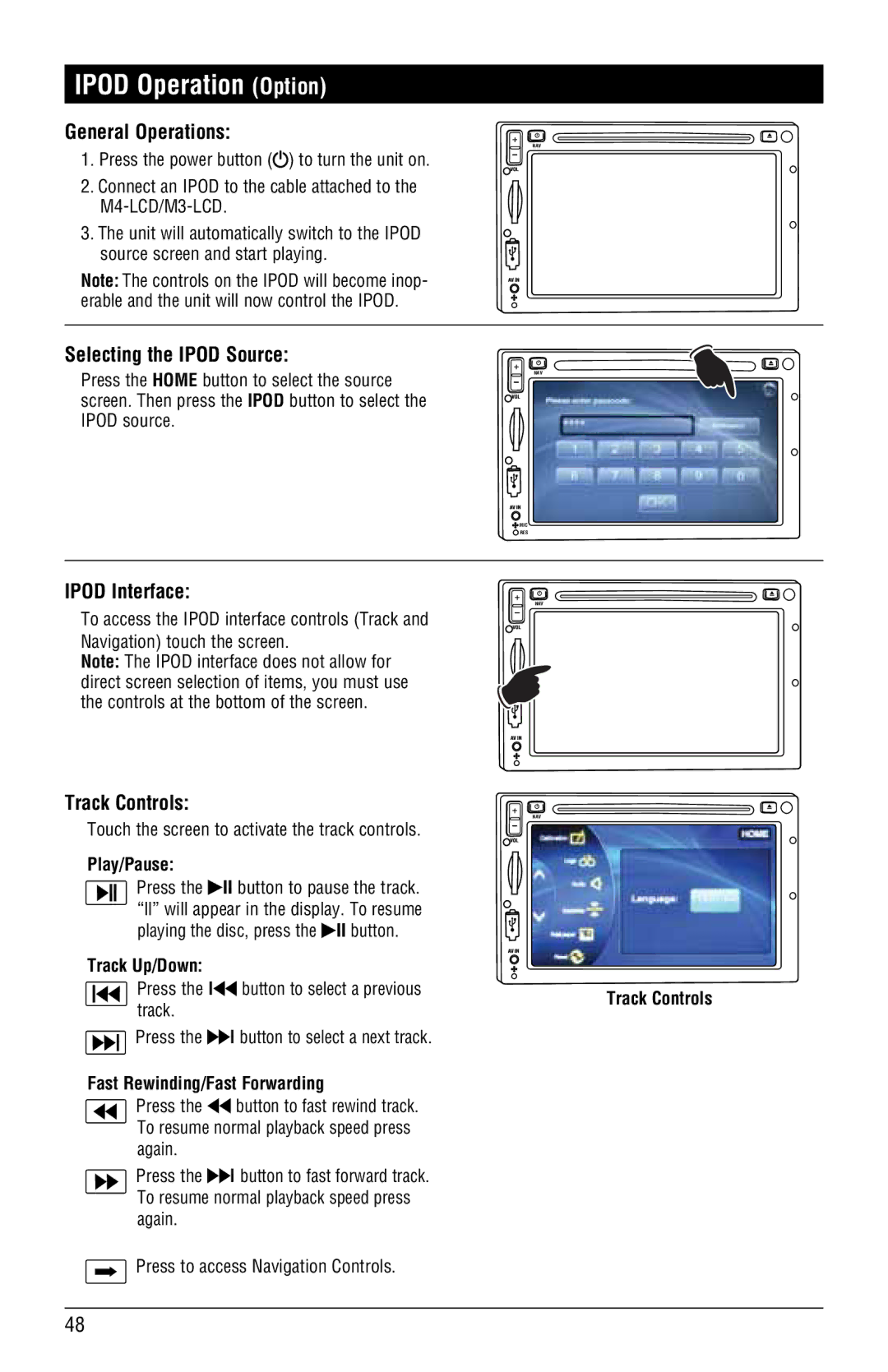 Magnat Audio M3-LCD/M4-LCD Ipod Operation Option, Selecting the Ipod Source, Ipod Interface, Track Controls 