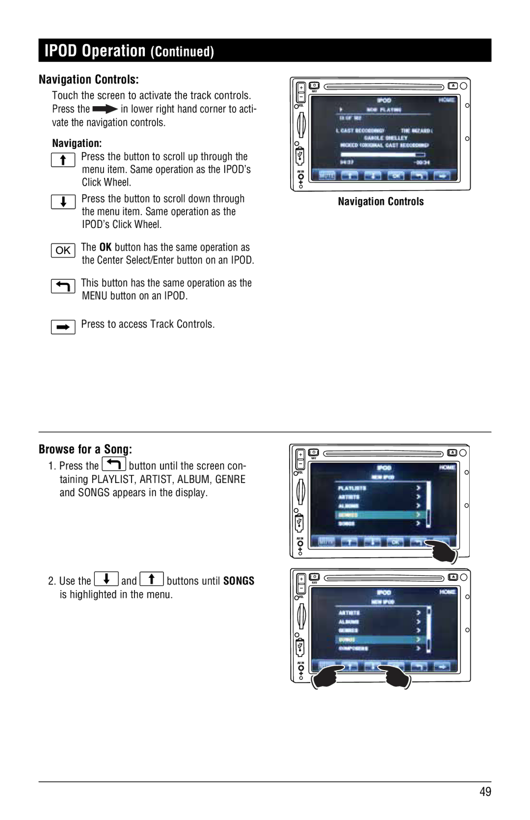 Magnat Audio M3-LCD/M4-LCD installation manual Ipod Operation, Navigation Controls, Browse for a Song 