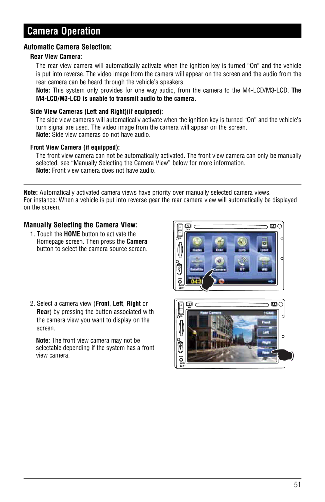 Magnat Audio M3-LCD/M4-LCD Camera Operation, Automatic Camera Selection, Manually Selecting the Camera View 