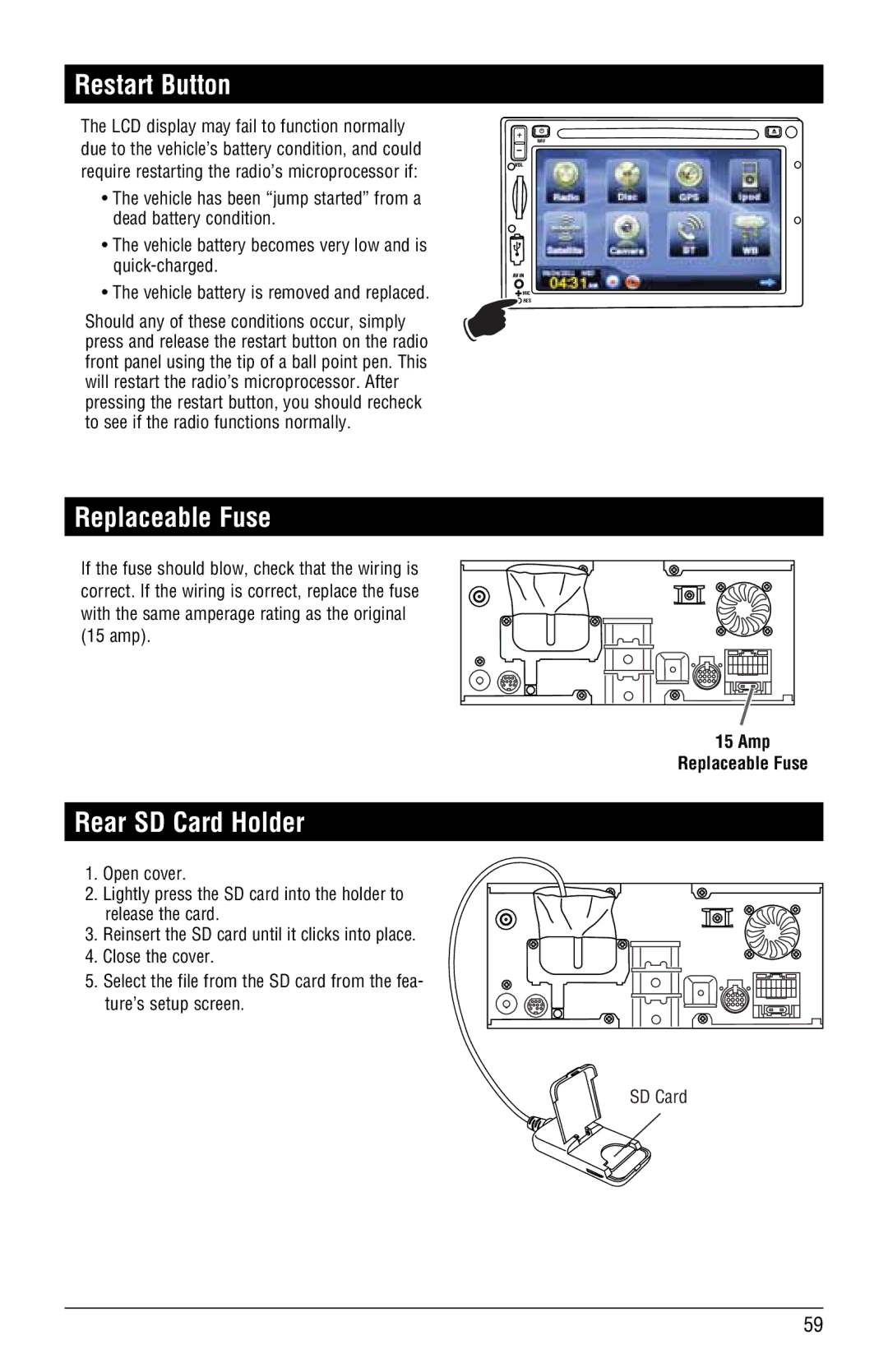 Magnat Audio M3-LCD/M4-LCD installation manual Restart Button, Replaceable Fuse, Rear SD Card Holder 