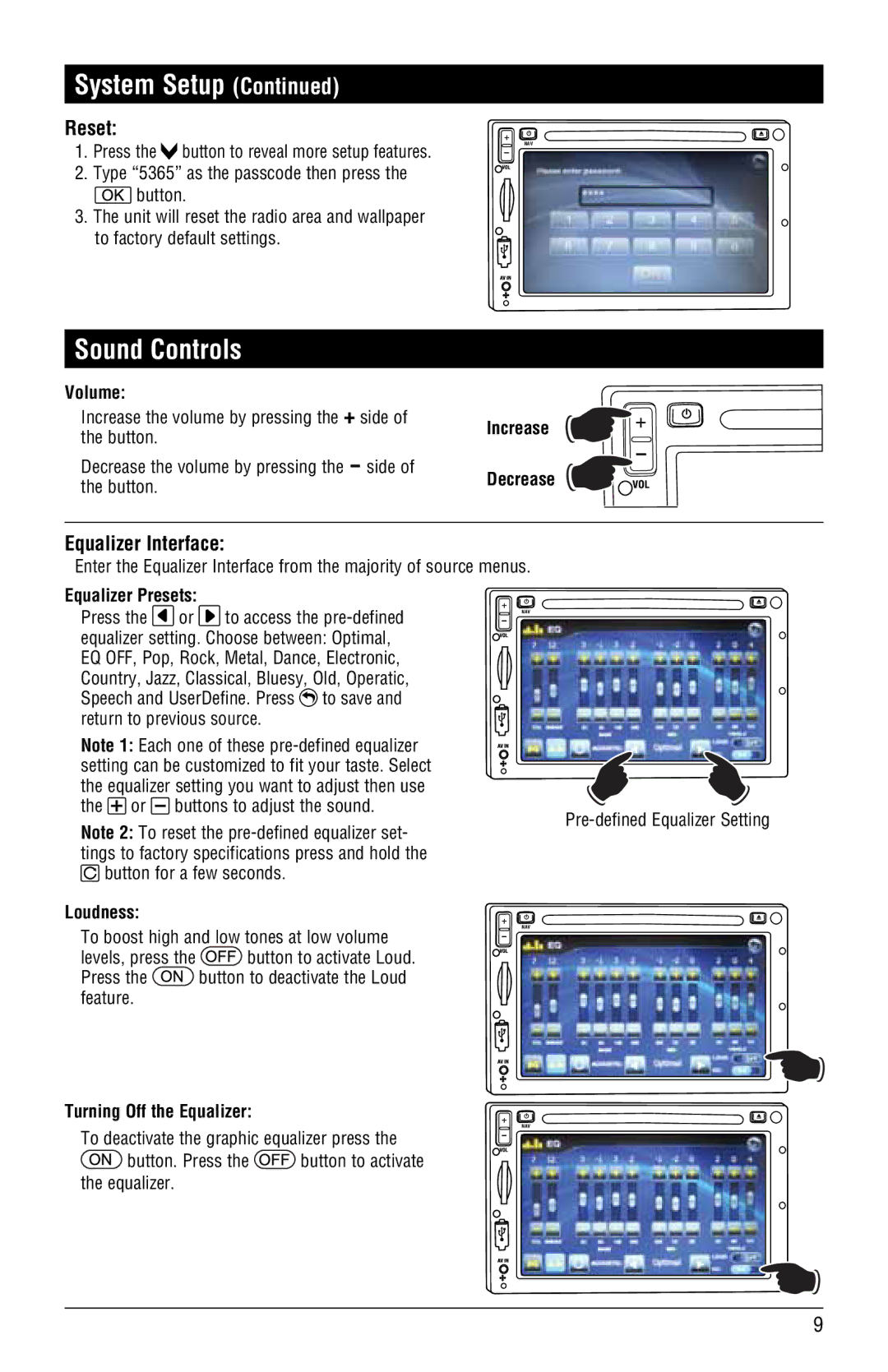 Magnat Audio M3-LCD/M4-LCD installation manual Sound Controls, Reset, Equalizer Interface 