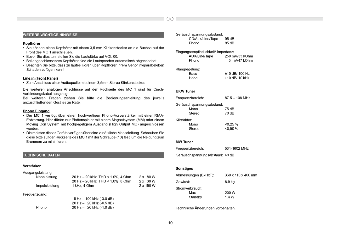 Magnat Audio MC 1 manual Weitere Wichtige Hinweise, Technische Daten 