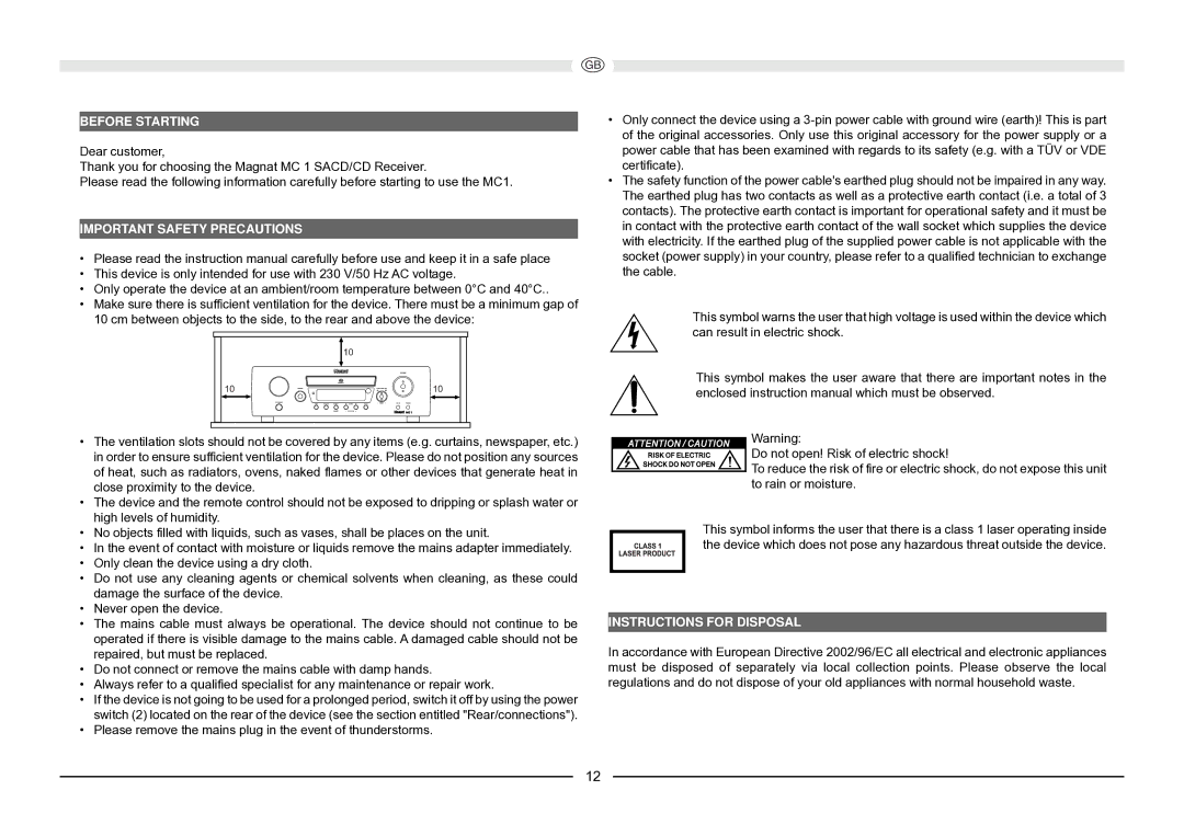 Magnat Audio MC 1 manual Before Starting, Important Safety Precautions, Instructions for Disposal 