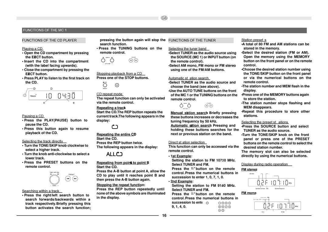 Magnat Audio MC 1 manual Functions of the MC, Functions of the CD Player, Functions of the Tuner 