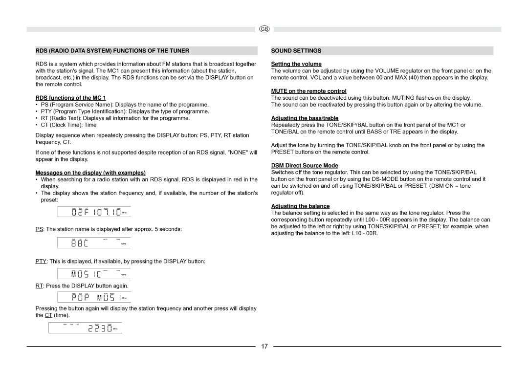 Magnat Audio MC 1 manual RDS Radio Data System Functions of the Tuner, Sound Settings 