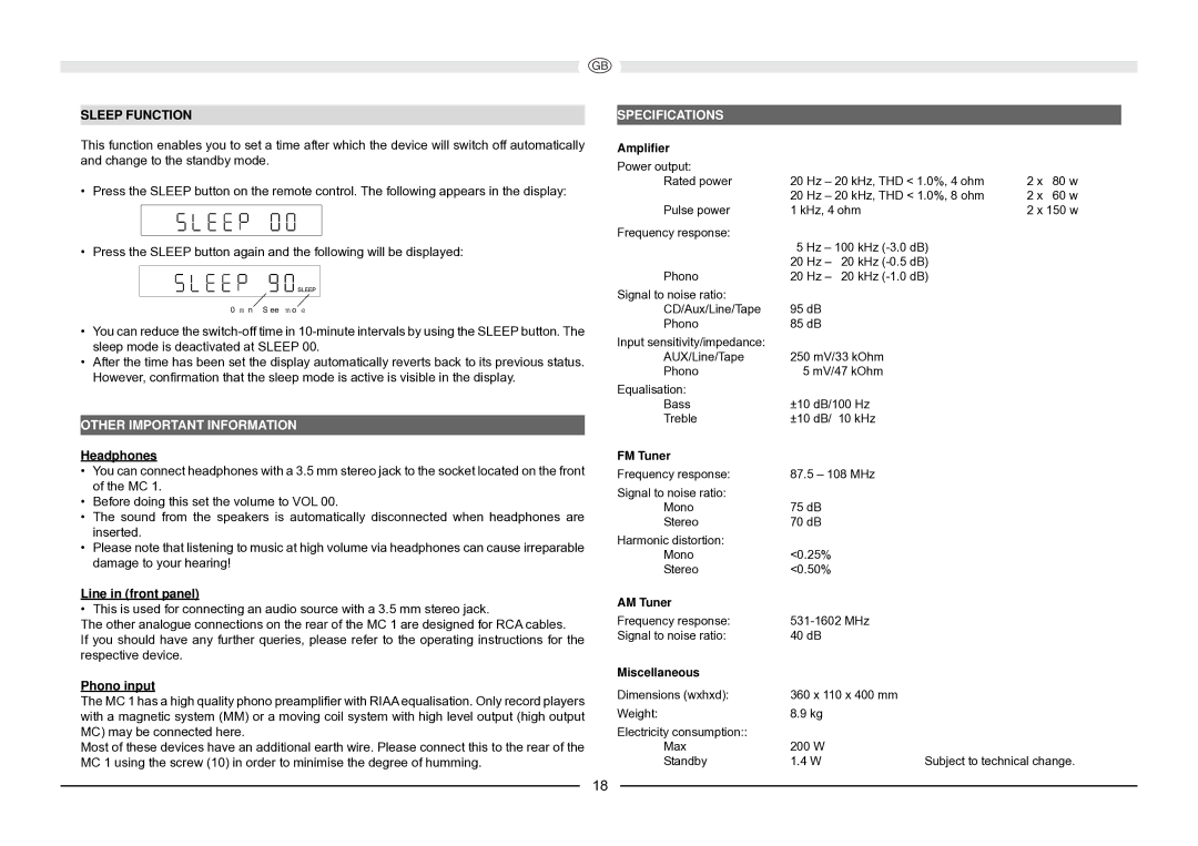 Magnat Audio MC 1 manual Sleep Function, Other Important Information, Specifications 