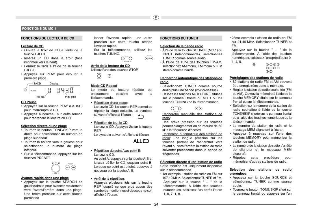 Magnat Audio MC 1 manual Fonctions DU MC, Fonctions DU Tuner 