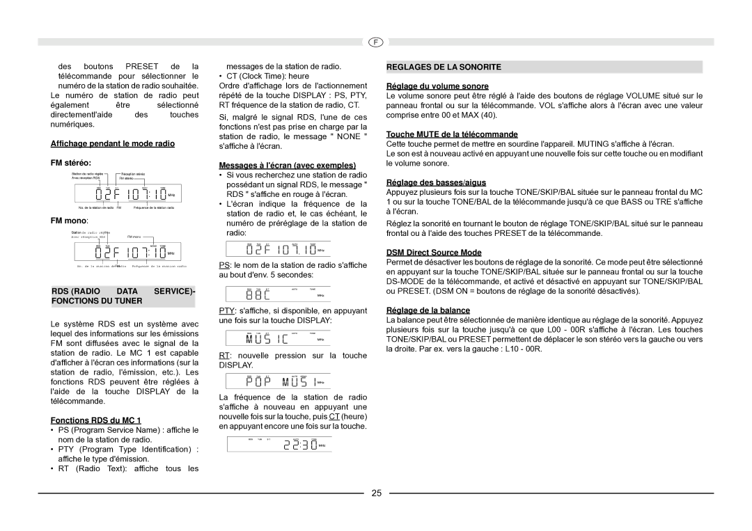 Magnat Audio MC 1 manual RDS Radio Data Service Fonctions DU Tuner, Reglages DE LA Sonorite 