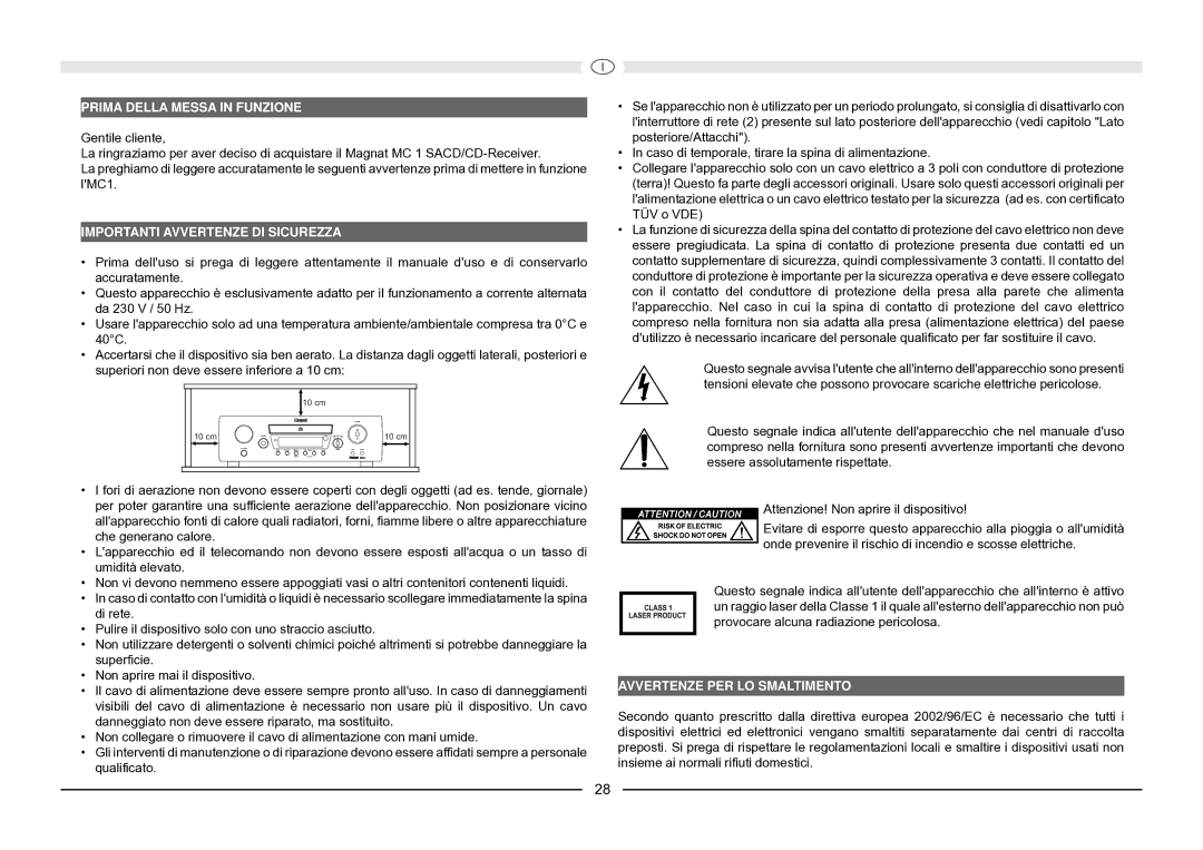 Magnat Audio MC 1 manual Prima Della Messa in Funzione, Importanti Avvertenze DI Sicurezza, Avvertenze PER LO Smaltimento 