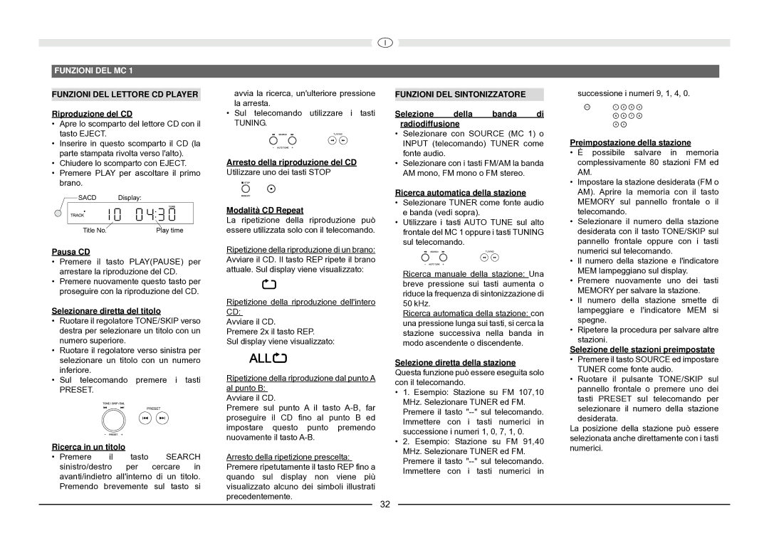 Magnat Audio MC 1 manual Funzioni DEL MC, Funzioni DEL Sintonizzatore 