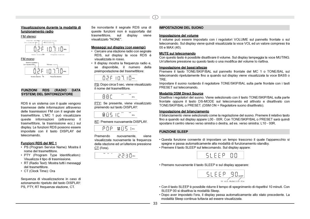 Magnat Audio MC 1 manual Funzioni RDS Radio Data System DEL Sintonizzatore, Impostazioni DEL Suono, Funzione Sleep 