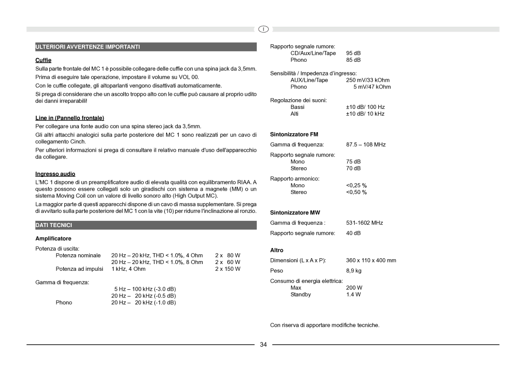 Magnat Audio MC 1 manual Ulteriori Avvertenze Importanti, Dati Tecnici 